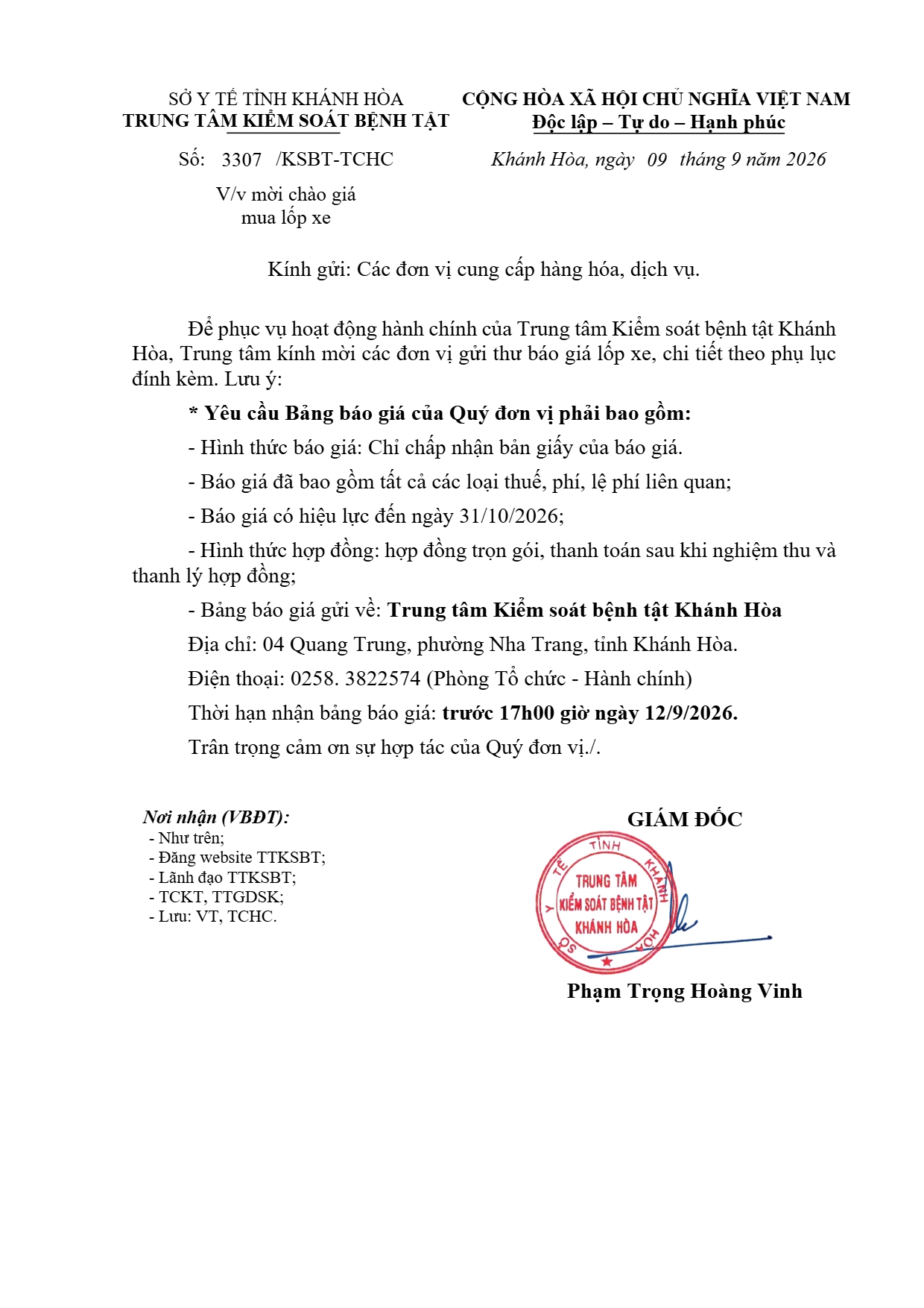 V/v mời chào giá mua lốp xe